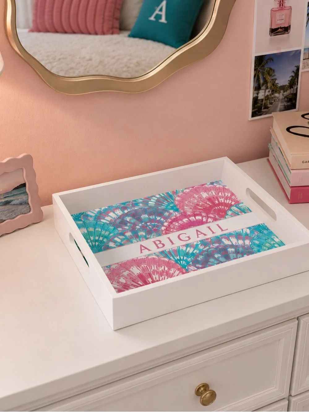 Personalized Decorative Serving Tray made to order in Pink & Teal